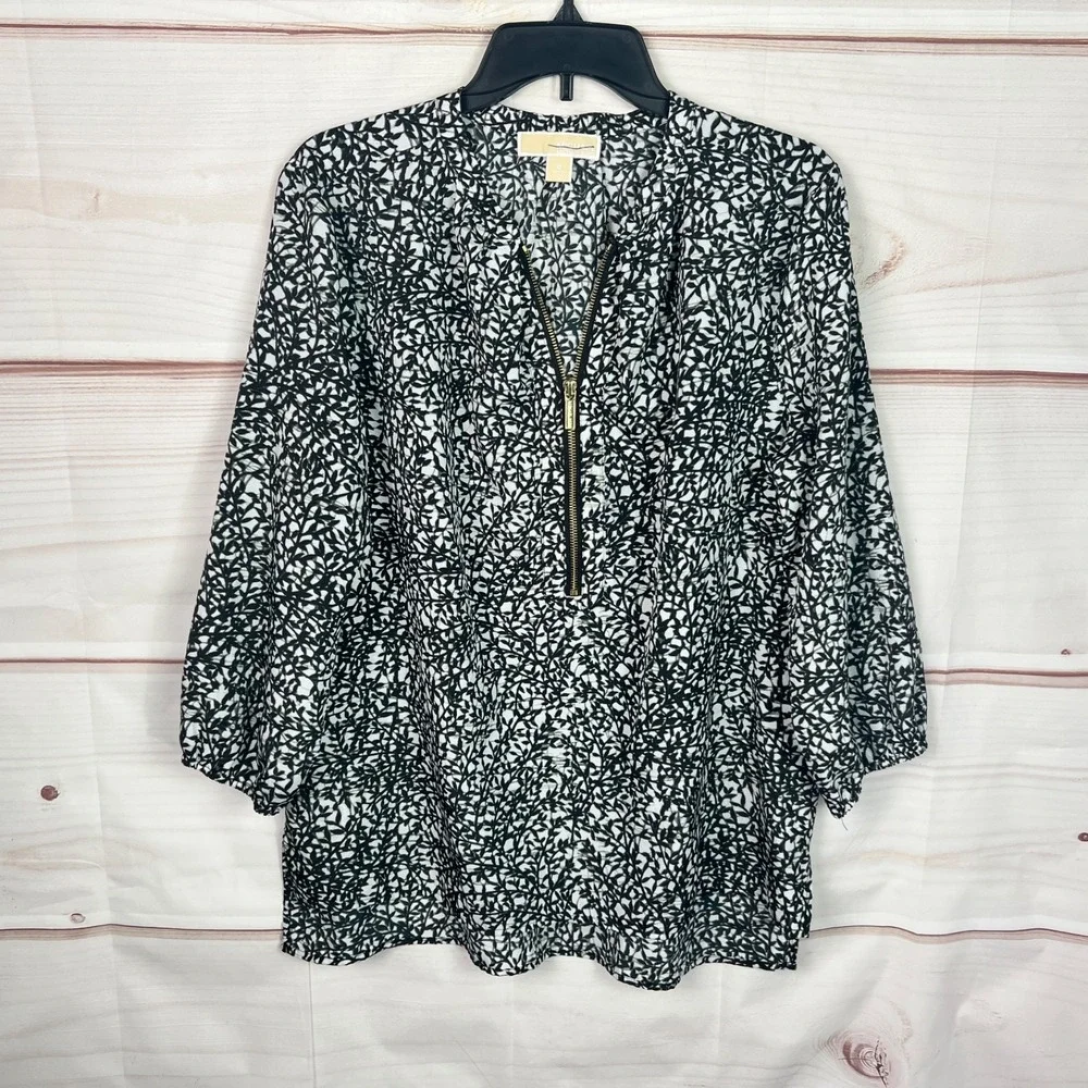Michael Kors Top Womens Size 10 Black Floral Blouse 1/2‎ Zipper 3/4 Sleeve Woven
